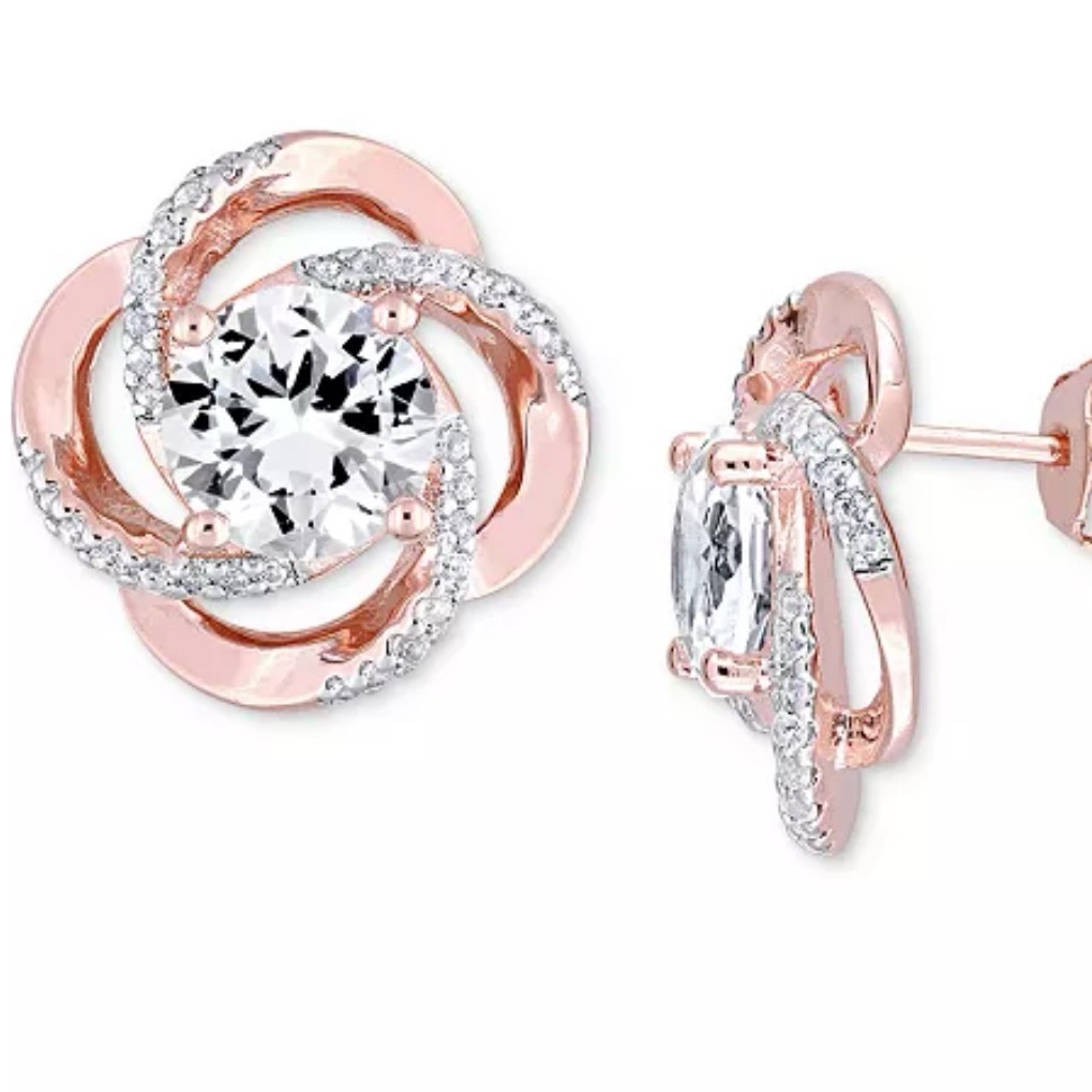Delmar New White Topaz Floral Swirl Stud Earrings In 18k Rose Gold-Plate